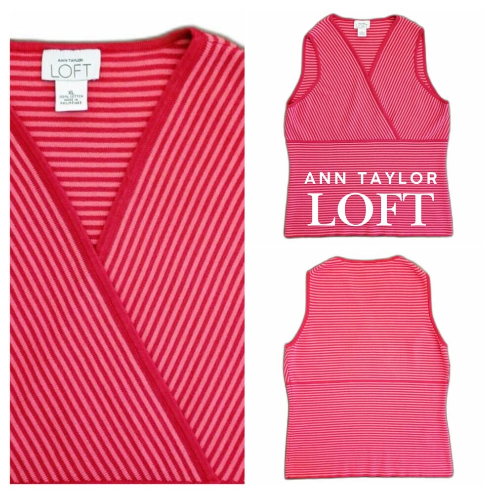 Ann Taylor Loft Women Jersey V Neck Sleeveless Red & Rose Striped Size XL